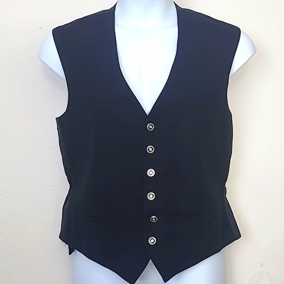 Vest black Gray silver Enameled buttons elastic waist tailored fit pockets EUC - Picture 3 of 8